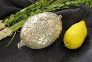 A silver egg and lemon on a black cloth.
