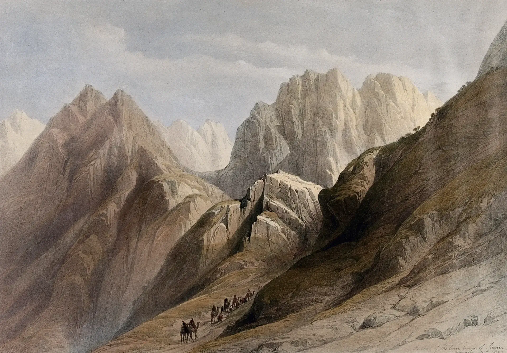 A painting of mountains with people on horseback.