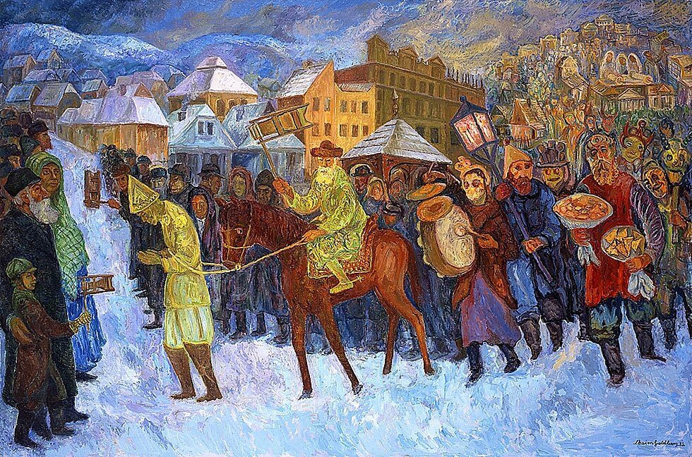 A painting of people on horseback in the snow.