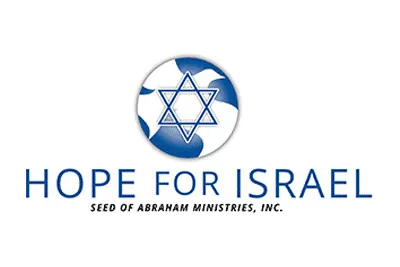 A blue and white logo of hope for israel.
